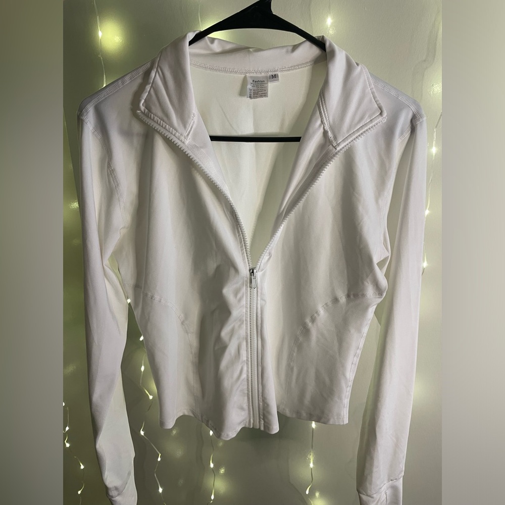 White Zip-up Waist-Snatching Jacket. Perfect for a workout!